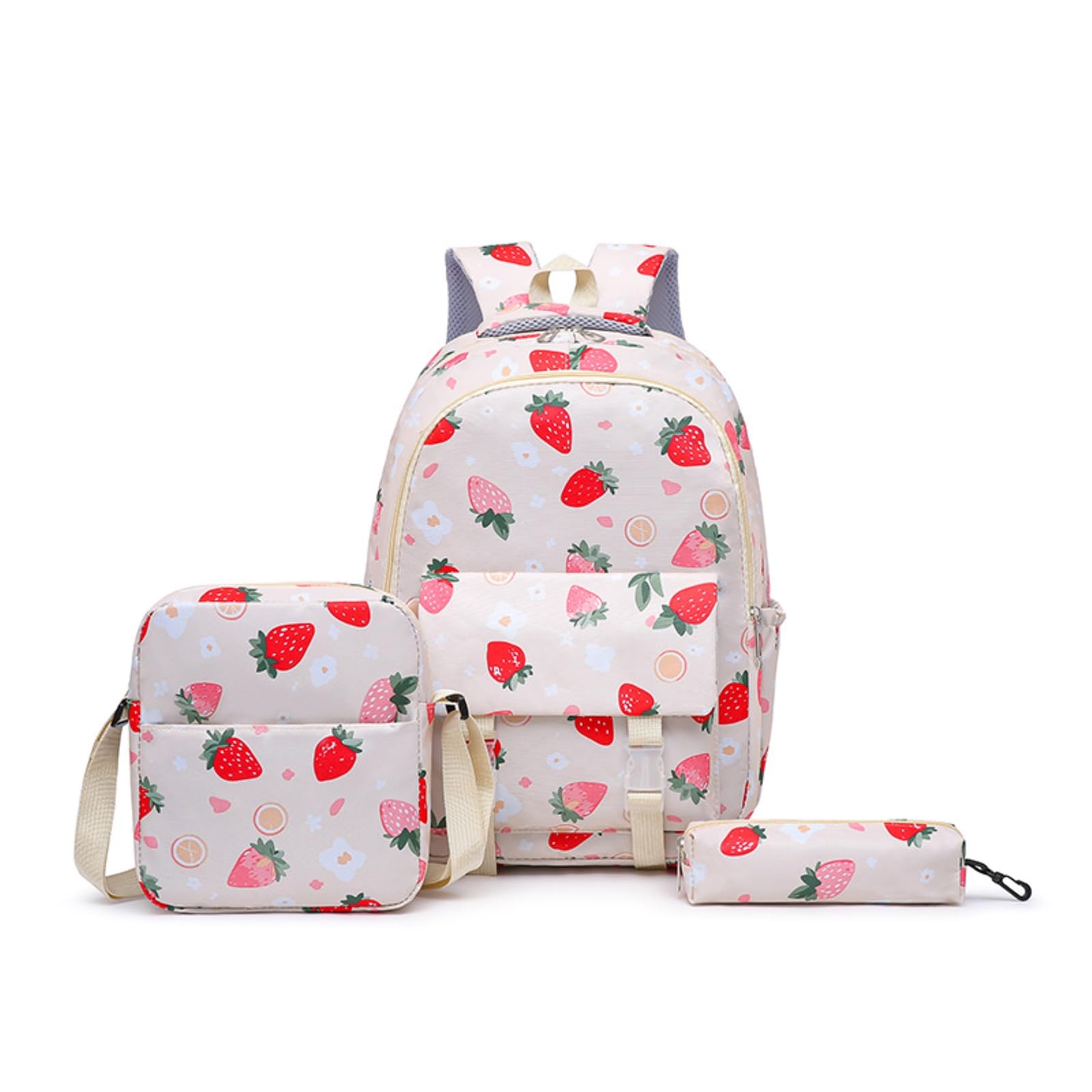 Zaino da Viaggio Set di 3pcs, Carino Strawberry Stampa Azzurro Chiaro Scolastico con Borsa Crossbody & Caso Matita