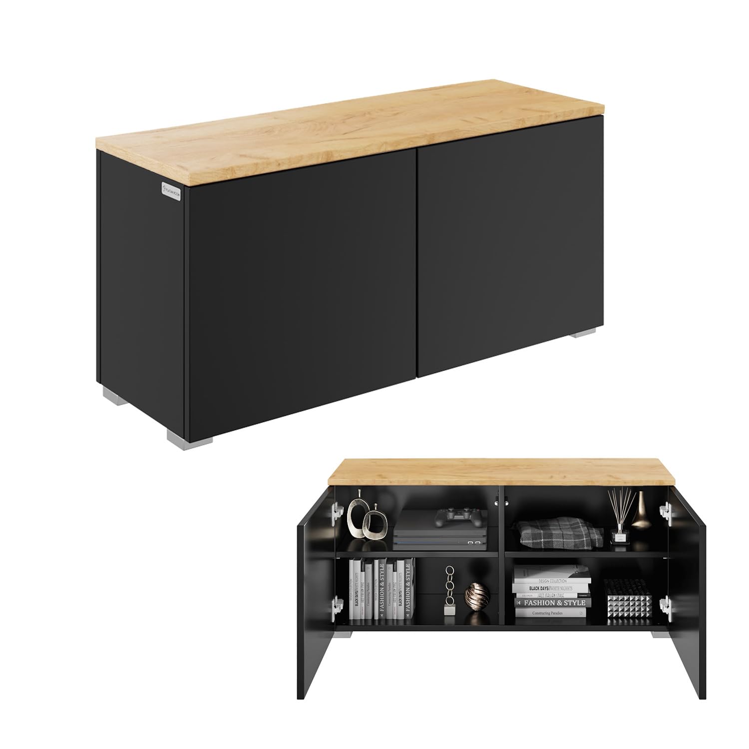 PLATAN ROOM Szafka pod telewizor o szerokości 90 cm z funkcją Push-to Open, wisząca szafka pod telewizor, komoda wisząca lub stojąca na wysoki połysk lub matowy (dąb matowy/czarny matowy, szerokość 90
