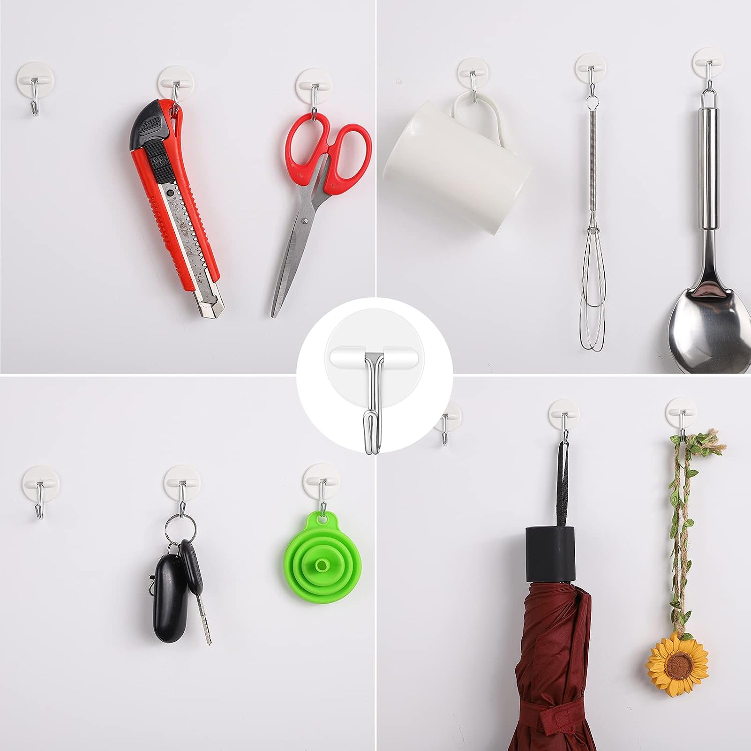 Jetec 24 Pcs Round Plastic Hooks Bulk - Small Self Stick Hooks for Hanging, White, Waterproof & Oil Proof for Kitchen Office Utensils(Ideal Style)