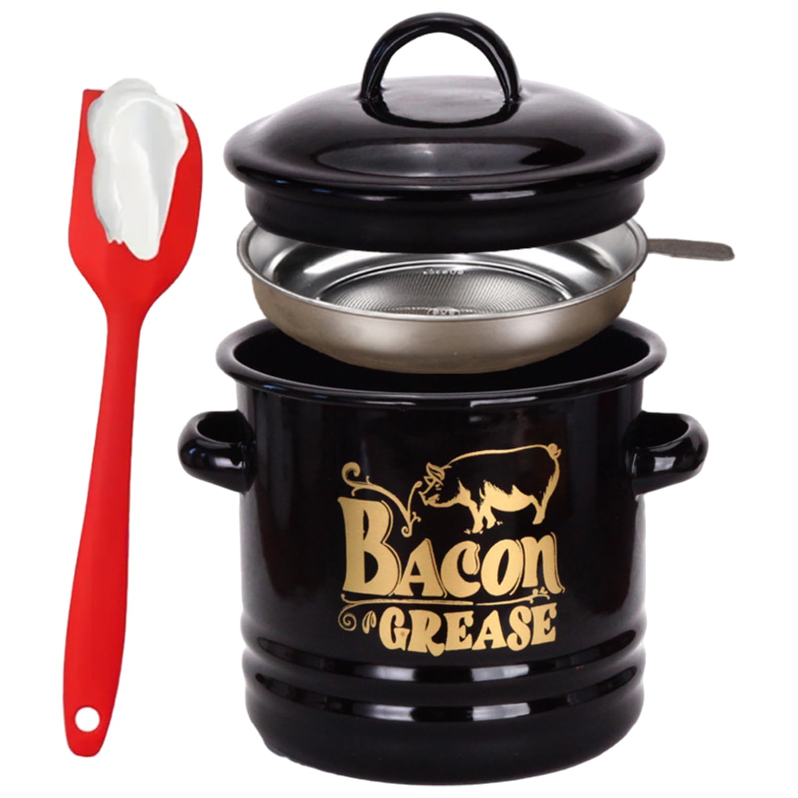 Bemonew Grease Container for Kitchen Bacon Grease Container with Strainer 46oz Large Enamel Bacon Jar with Lid & Spatula Greasy for Kitchen, Black