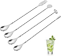 REUJIHXY 4-Pack 12-Inch Cocktail Mixing Spoons - Spiral Handle Bar Stirrers with Trident Tip for Cocktails, Tea, Coffee, Milkshakes