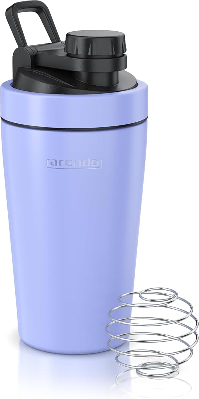 Arendo - Eiweiß Shaker Edelstahl 500ml, Protein Shaker mit Mixkugel, BPA frei, Mixbecher, Metall Premium Eiweißshaker, Tragegriff, Spülmaschinengeeignet, To Go für Yoga Fitness Sport, Lavendel