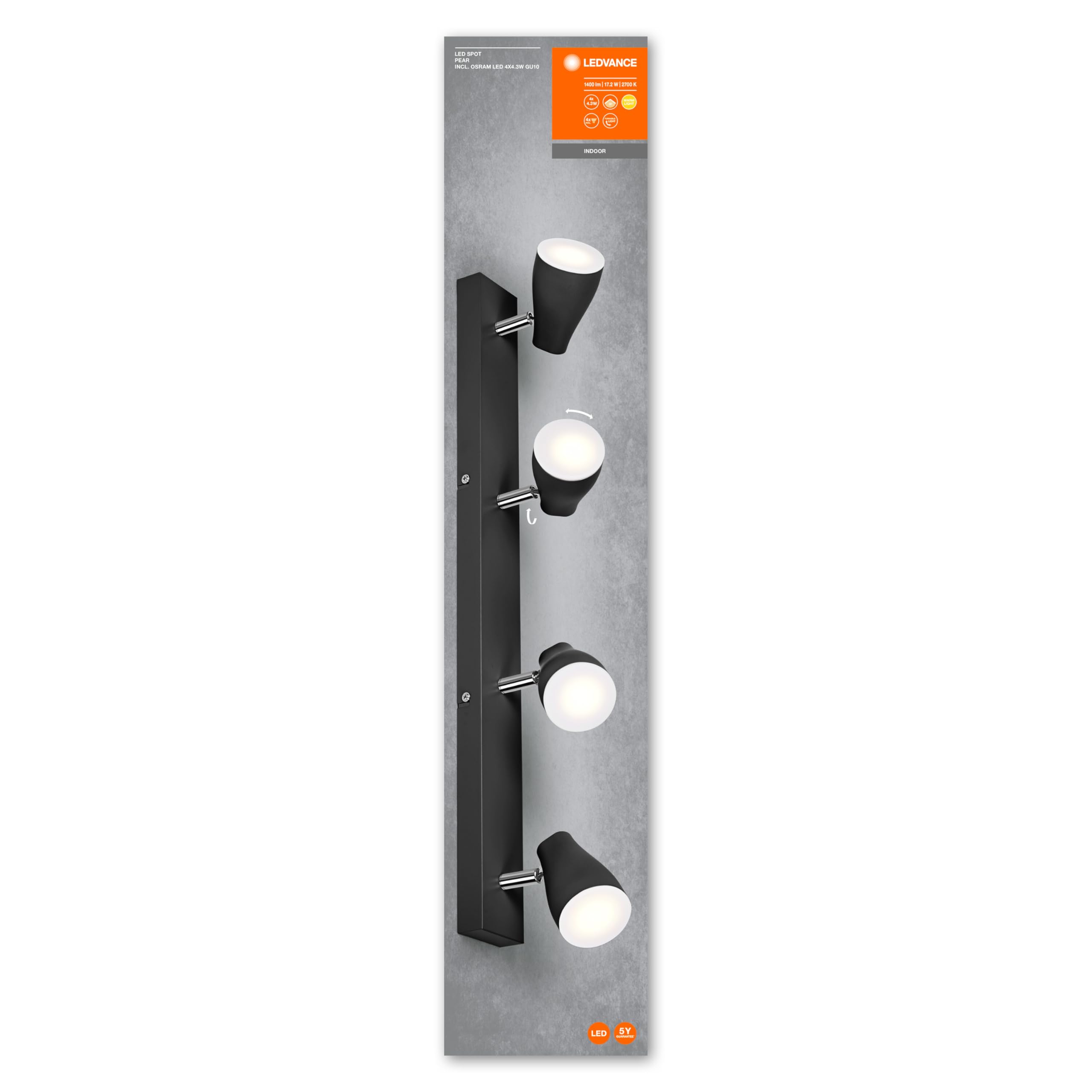 LEDVANCE LED Punktowe 600 mm, Czarny, 17.2 W, 840 LM, Oferuje Ukierunkowane Światło o Ciepłym Białym Jasnym Kolorze, z Elastycznym Światłem Reflektorów Gu10, 2700K