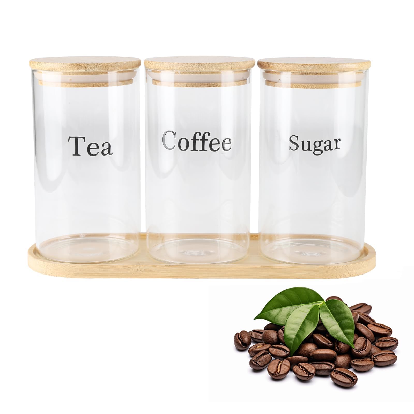 Gzsekken 3 Pack Tea Coffee Sugar Canisters,750ML Glass Food Storage Jars with Wooden Tray,Round Kitchen Coffee Tea Sugar Set Canisters with Airtight Lids,Decorative Counter Storage Jars for Kitchen