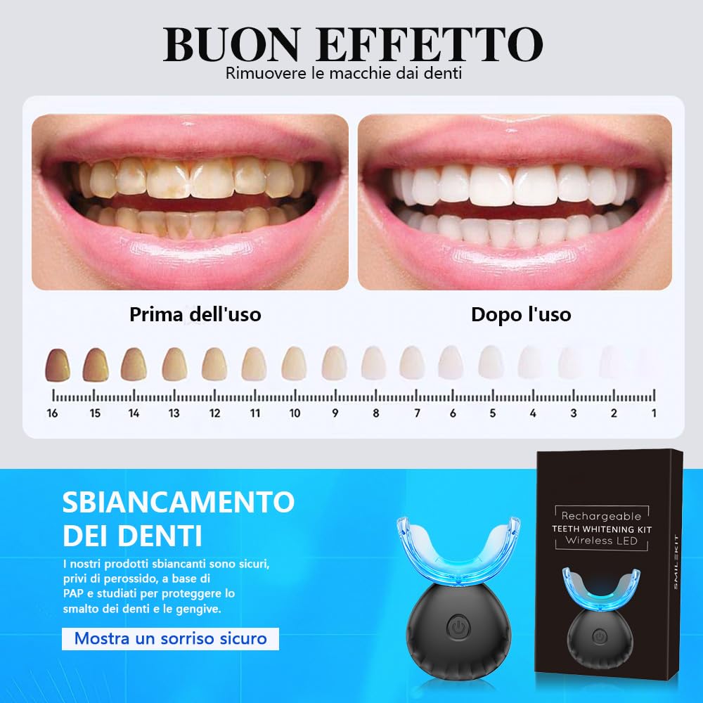 Kit Sbiancante Denti Professionale con Lampada 16 LED Blu,Quattro Penne Gel Sbiancante,Elimina le Macchie in 16 Minuti,con Applicazione Semplice e Veloce,Sicuro per lo Smalto