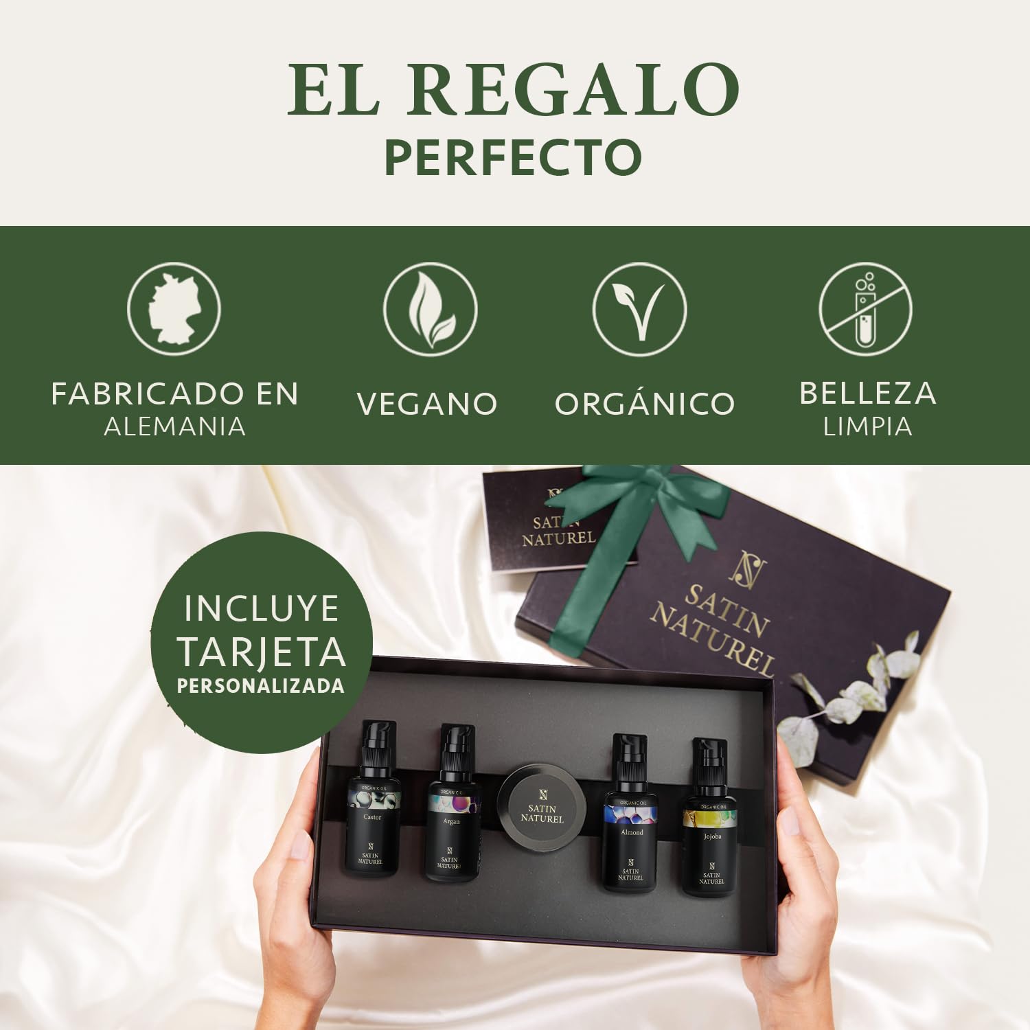 Caja de regalo del Set de Lujo para Mujer de Satin Naturel, mostrando su elegante presentación con lazo.