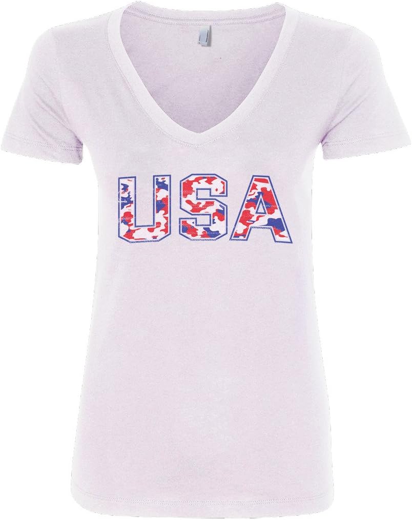 Threadrock Women's Red White & Blue Camouflage USA V-Neck T-Shirt