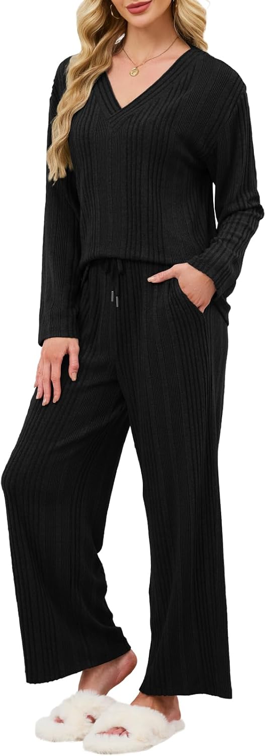 Lounge Sets for Women Ribbed Knit Pajamas 2 Piece Matching Sweatsuits Long Sleeve Sweater Tracksuit Travel Outfits - Image 2