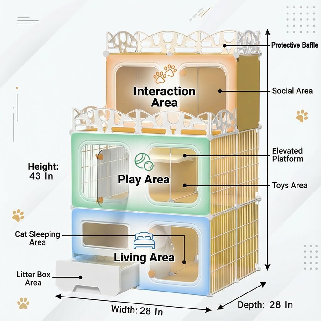 Cat Cage with Built-in Litter Box & Interactive Platform, Top Storage Shelf, Cat Cage Indoor & Outdoor Use, Expandable Cat Playpen