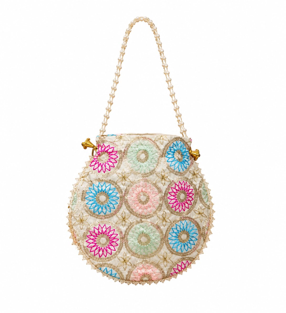 Off White Embroidered Potli Bags for Women | Gold Floral Work with Pearl Beaded Handle | Ethnic Drawstring Clutch for Wedding, Party & Festive Occasions-picture-17