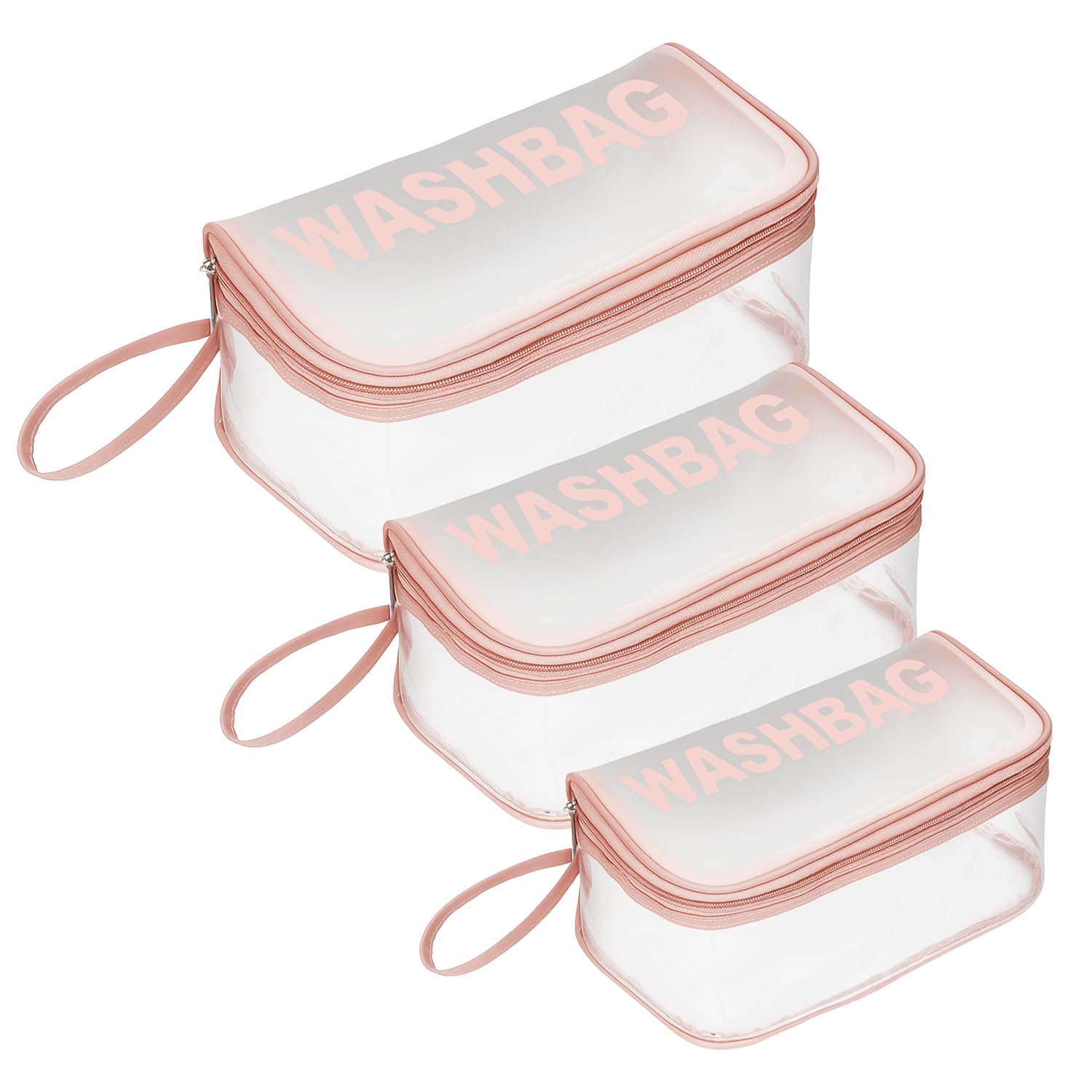 Set of 3 Transparent PVC Washbag Pouches – Waterproof Travel Toiletry & Cosmetic Bags with Zipper for Makeup, Stationery & Accessories (Light Pink)