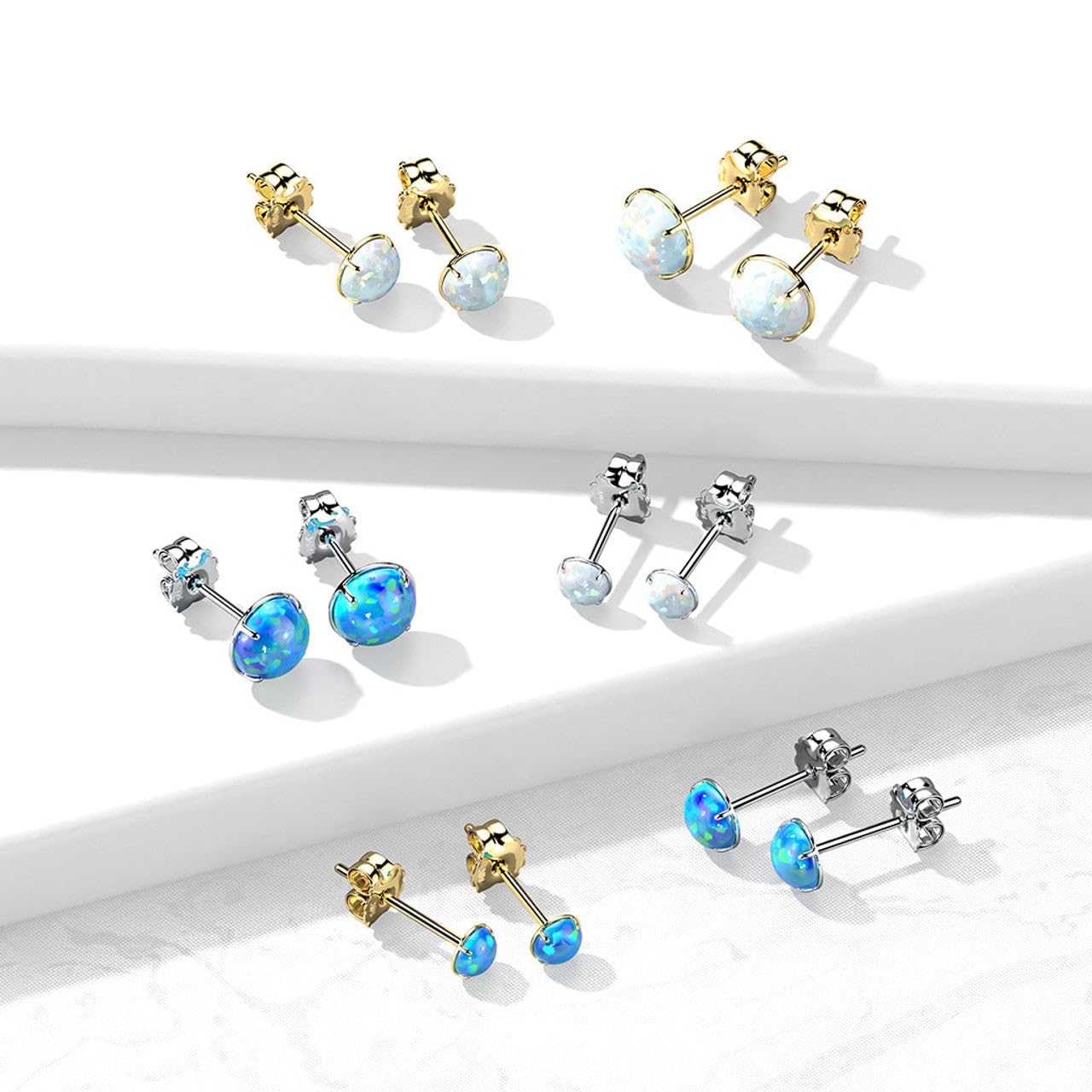 14 Karat Solid Gold Earring Stud 20 Gauge with Prong Set Opal - Pair Yellow Gold/Opal Blue / 5 MM