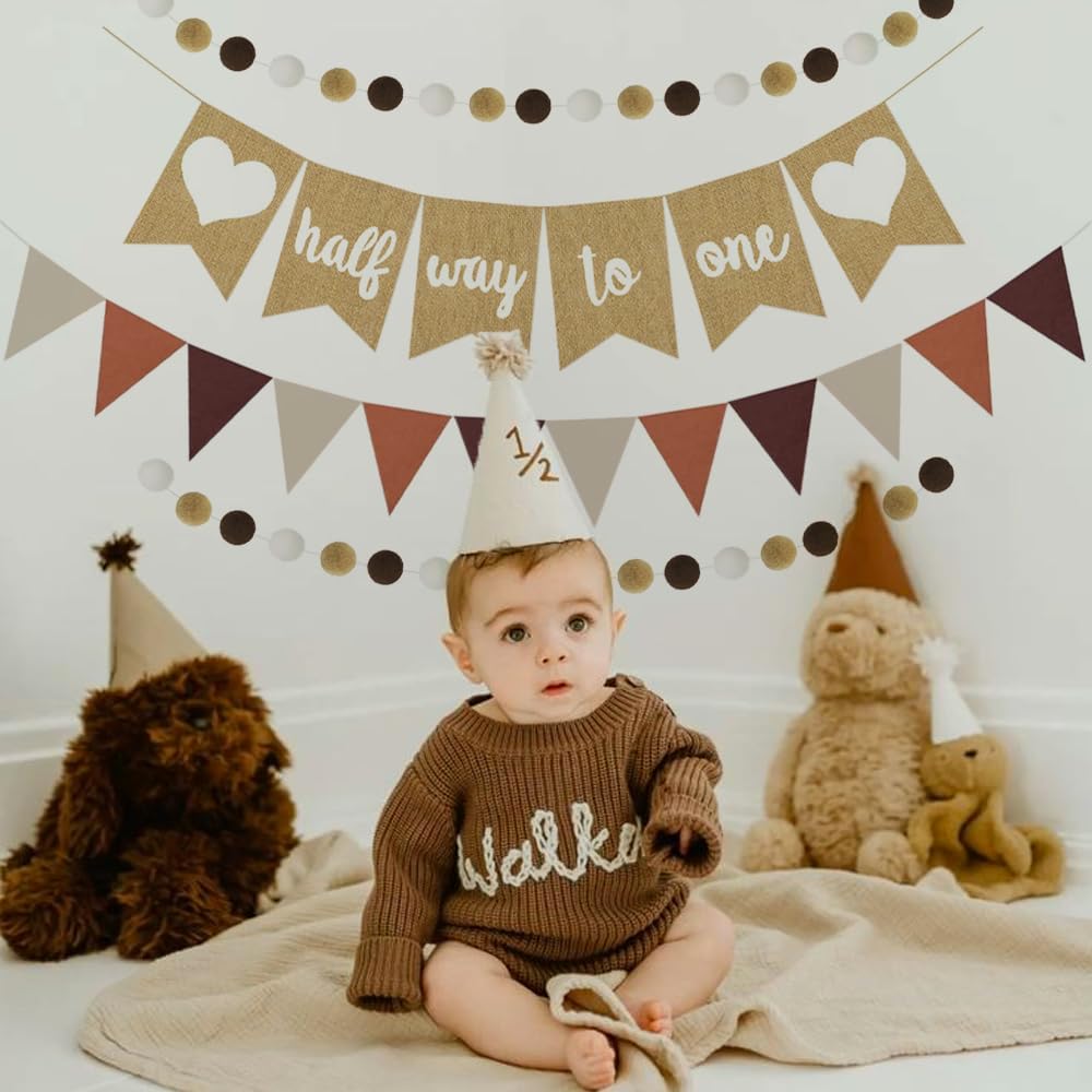 Half Way to One Banners, 4 Pcs 1/2 Birthday Decorations Burlap Pennant and Felt Brown Cream Beige Bunting with Pom Pom Ball Garland 6 Months Photoshoot Props for Neutral Baby Boy Girl Boho Party Favor