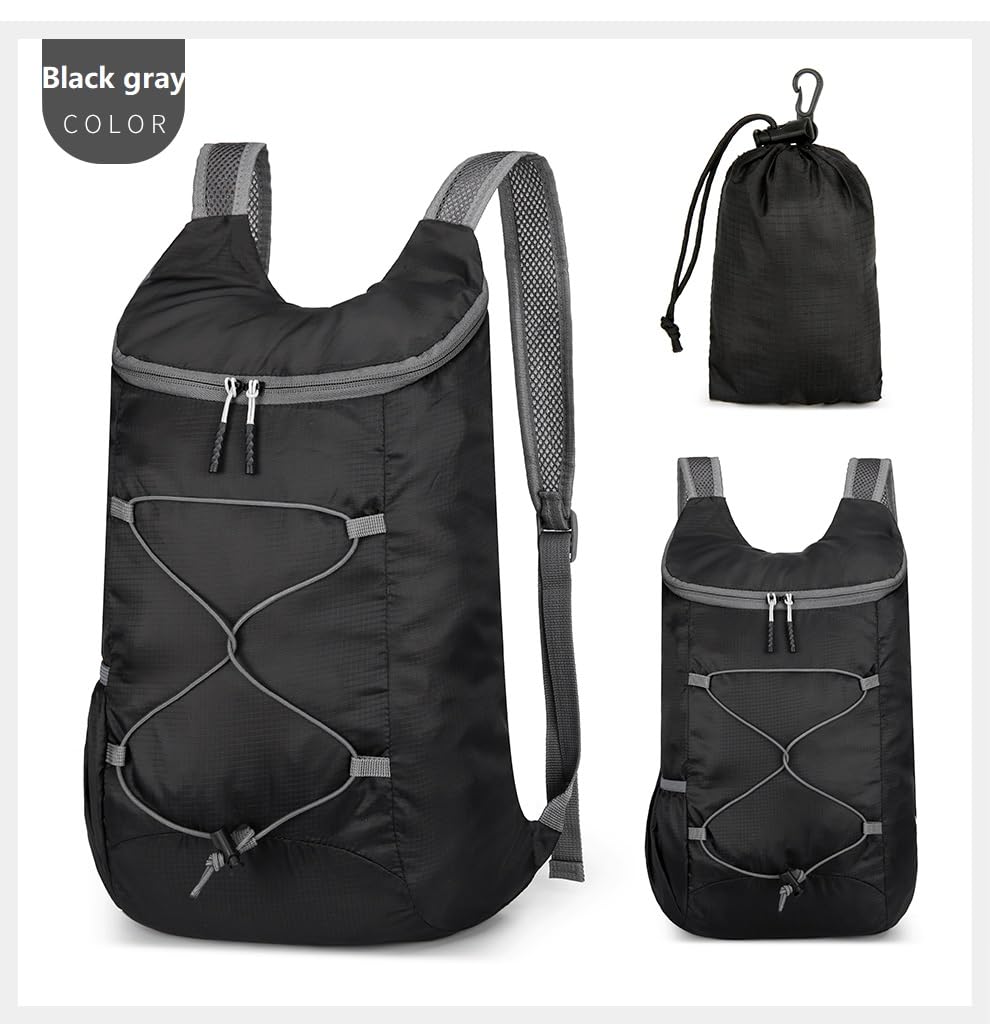 Mochila de senderismo plegable ligera de 16L para viajes, resistente al agua, bolsa de gimnasio para hombres y mujeres, Negro y gris, Pequeño, Ligero, plegable 2