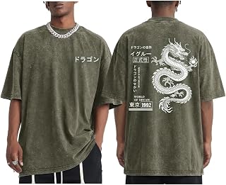 Japanese Dragon Shirts for Men Vintage Harajuku Streetwear Shirt Oversized Graphic Acid Wash Cotton Tshirt