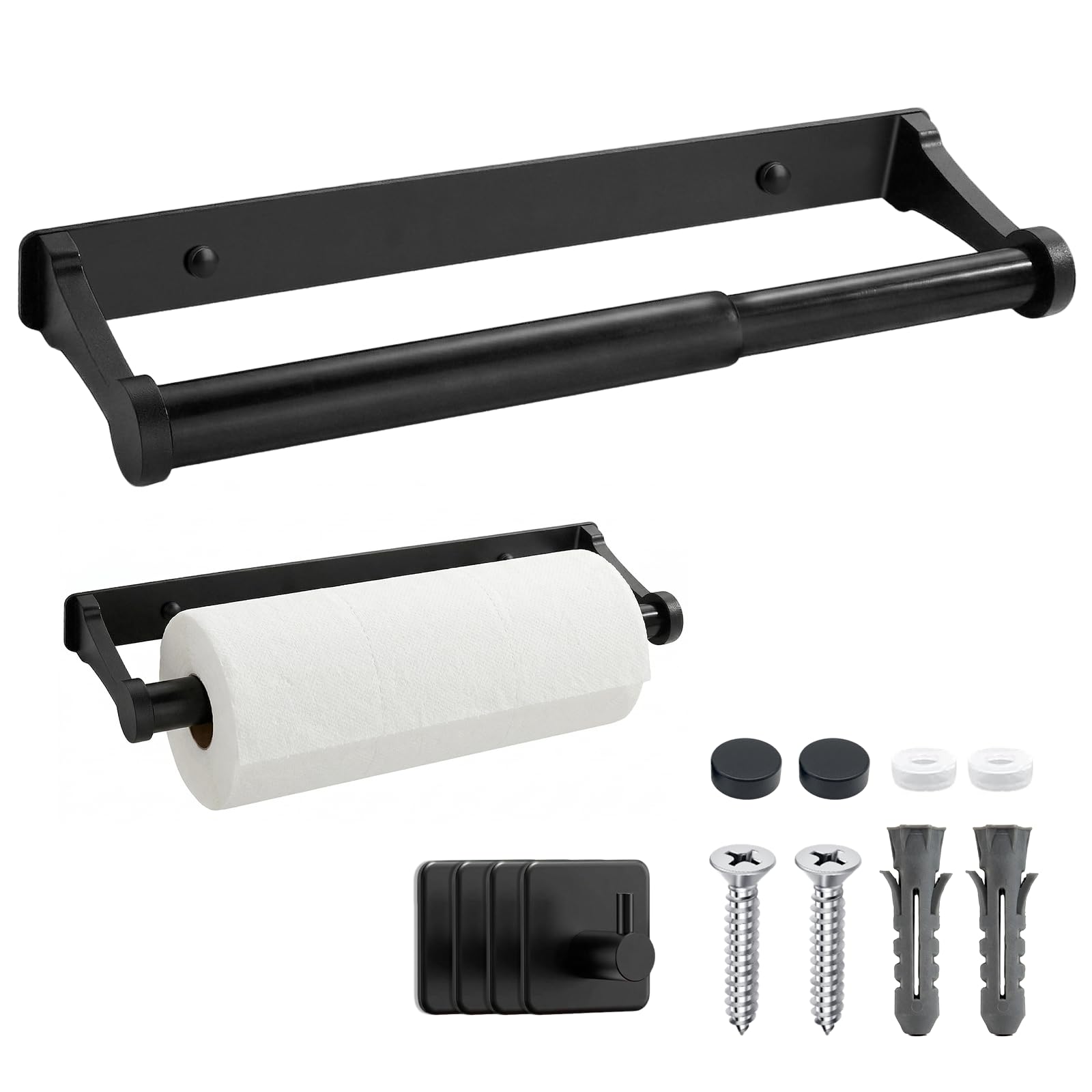 Kitchen Roll Holder Under Cabinet 5 PCS Set, Paper Towel Holders with 4 Pcs Self Adhesive Hooks, Self Adhesive Kitchen Roll Holder Wall Mounted for kitchenette, Bathroom, Living Room - Black