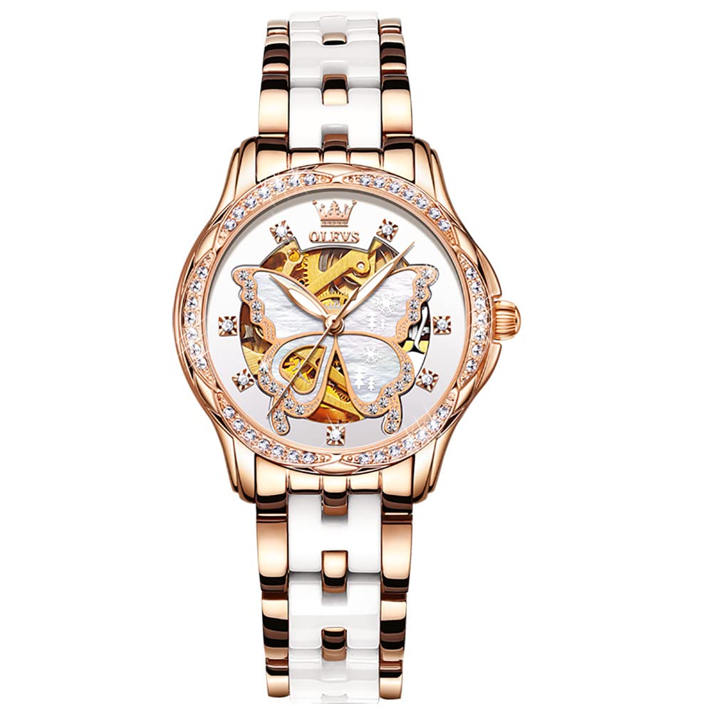 OLEVS Orologio automatico da donna in oro rosa, cinturino in ceramica, impermeabile, con diamanti