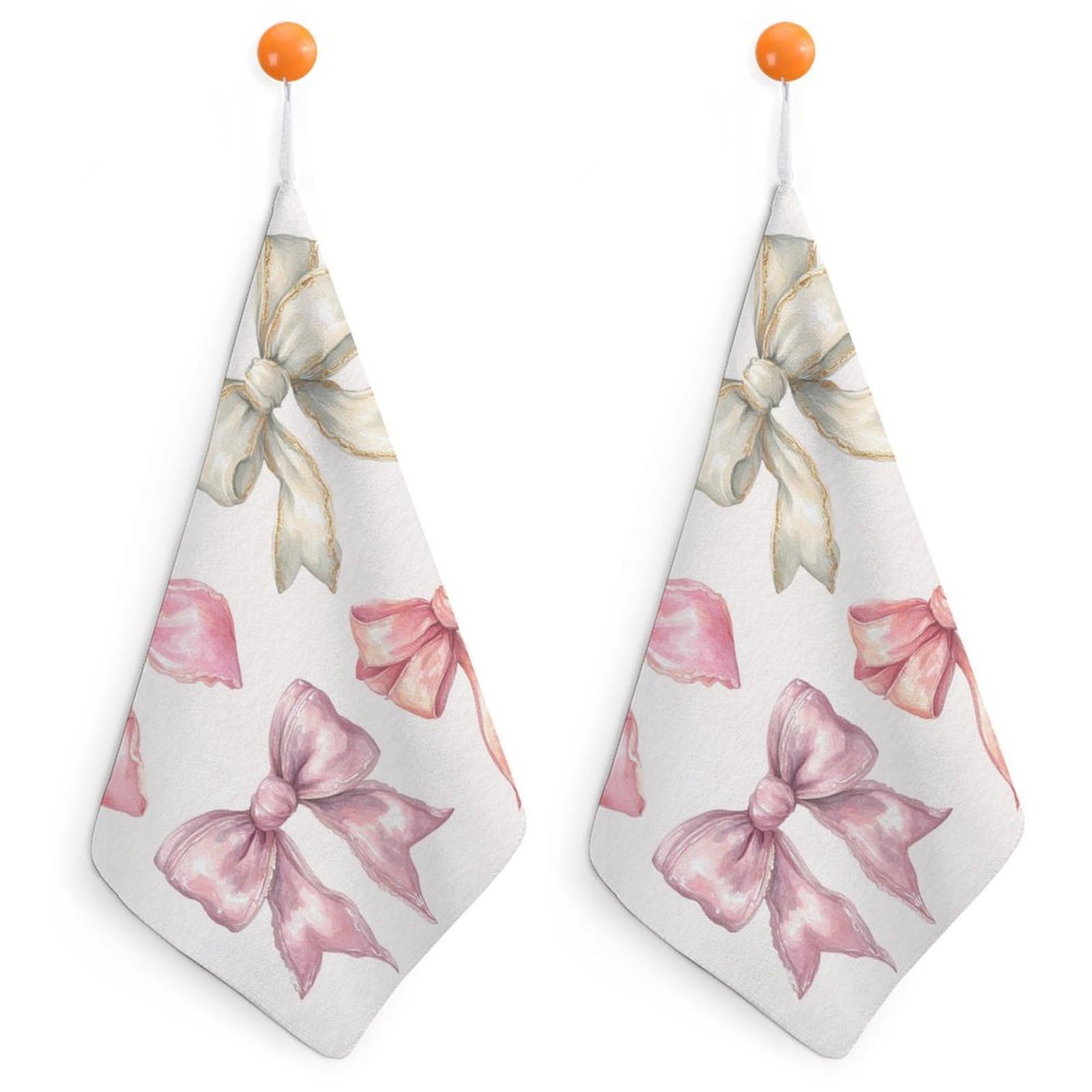 Jubonexis Luxury Coquette 4 Pink Bow Watercolor Small Hand Towel with Hanging Loop 2 PCS Absorbent Soft Wash Cloth for Kitchen Bathroom