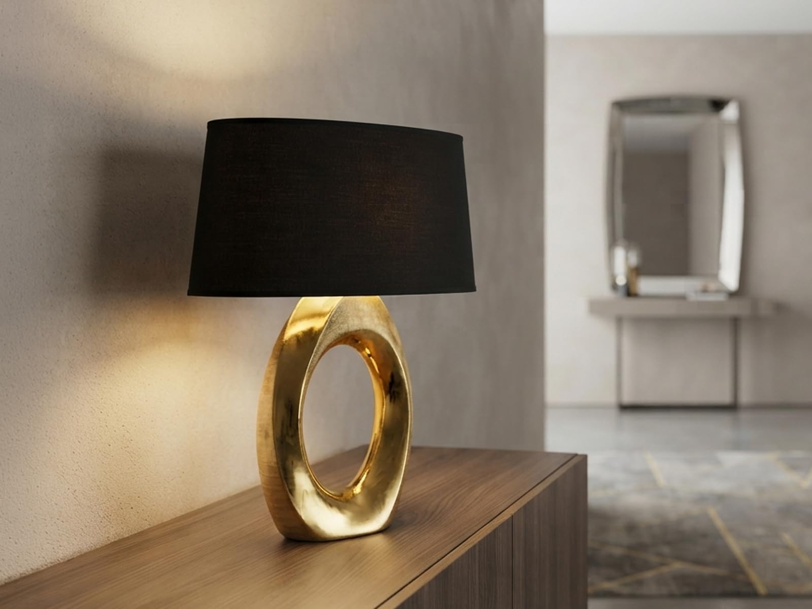 meineWunschleuchte Grande lampada da tavolo con paralume ovale in tessuto, colore nero/oro, altezza 52 cm