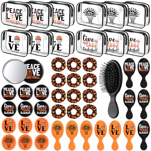 SilTriangle 48 Pcs Basketball Team Gifts Bulk 12 Basketball Makeup Bags 12 Hair Scrunchies 12 Mirror 12 Mini Hair Brush Party Favors for Women Team Graduation Birthday Sport Supplies