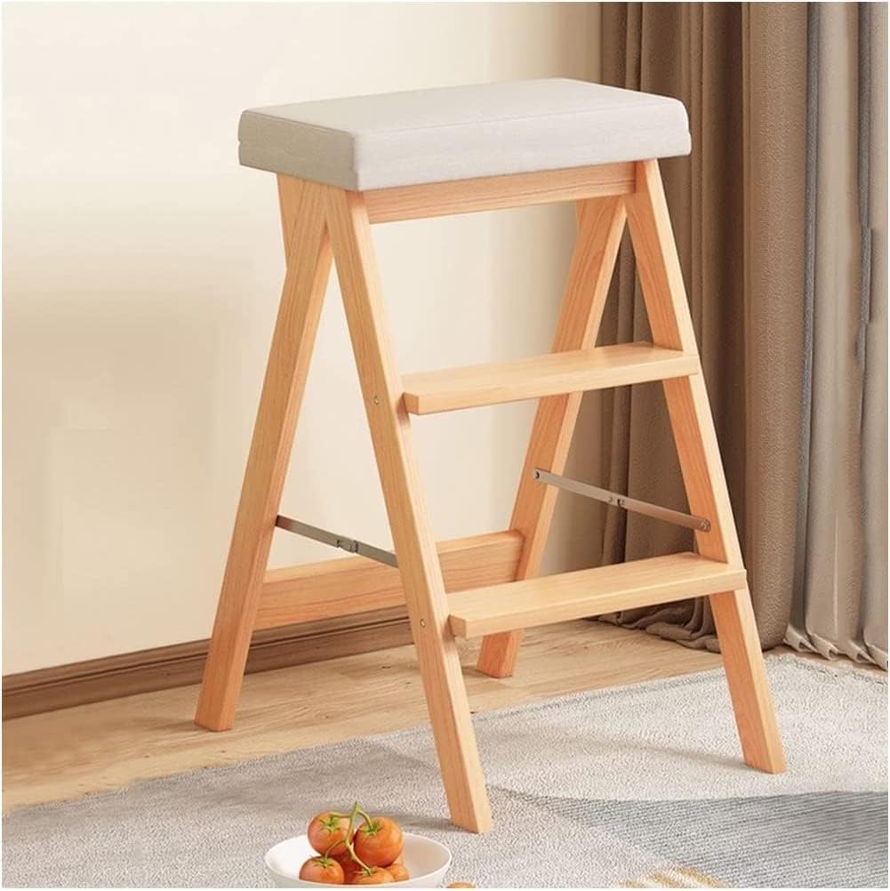 Solid Wood Three-Step Folding Step Ladder Widened and Thickened Pedal Free Retraction Step Stool Strong Bearing Capacity Save Space150kg Durable (Bamboo Primary Color Grizzle Stool Cover)