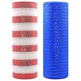 10 Inch x 30 Feet Deco Poly Mesh Ribbon Red White Striped/Blue Deco Mesh Rolls for Wreaths, Swags...