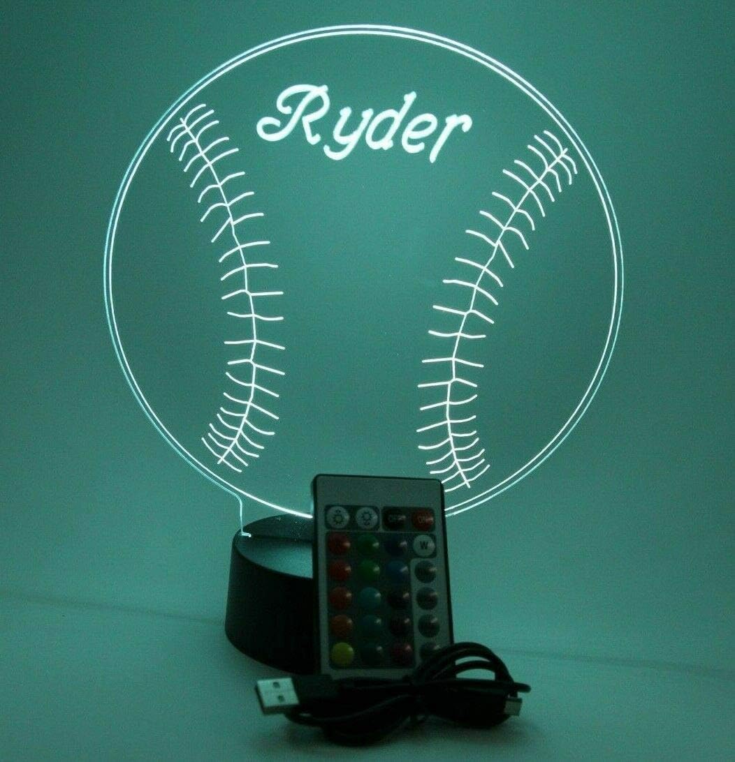 Baseball Night Up Light Lamp LED Free Engraved Custom Name Personalized Player Sports Fan Energy Efficient Desk Table Lamp Room Home Decor, With Remote, 16 Color Options, Dimmer, It's WOW, Great Gift