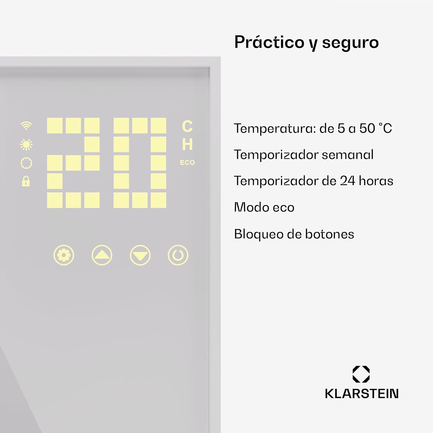 Close-up of the heater's LED control panel showing temperature, WiFi, timer, lock, and eco indicators with touch buttons.