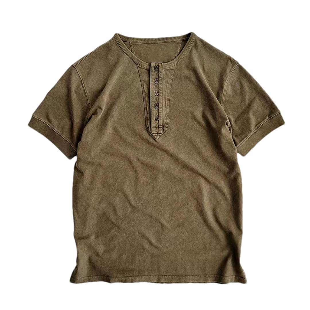 Maglietta da uomo con colletto Henley Maniche corte Vintage Tees, Khaki come mostrato, M