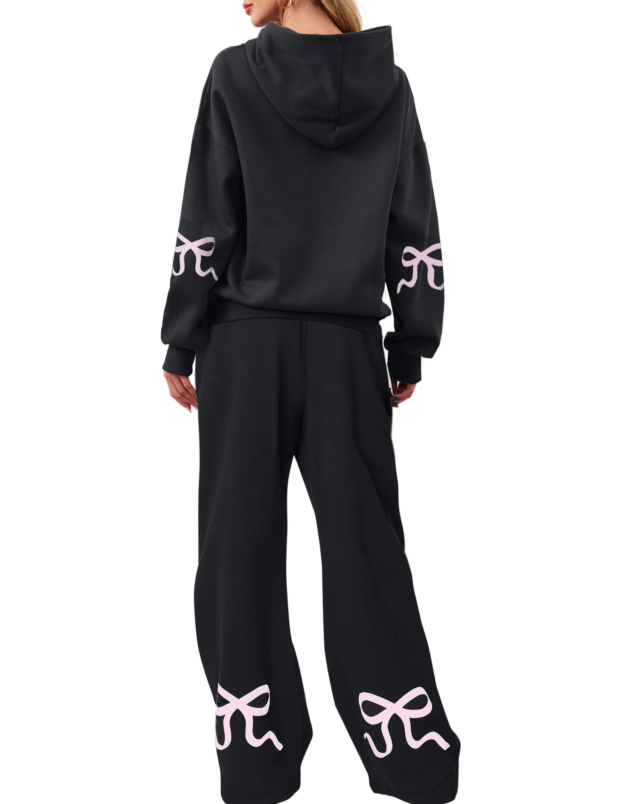 OLAPTA Women 2 Piece Outfits Bow Print Long Sleeve Hoodies Sets Graphic Sweatshirts Baggy Wide Leg Sweatpants Fall Sweatsuits