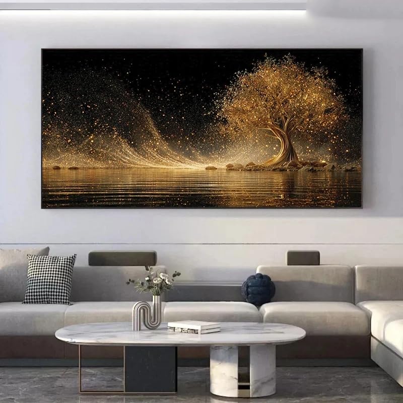 Tableau imprimé sur toile représentant un arbre de vie abstrait moderne, luxueux, doré et lumineux, avec des paillettes noires et dorées, idéal pour...