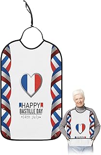 French National Day Adult Bibs for Elder Women Men Eating, Blue White Red Striped Love Heart Waterproof & Washable Bibs for Eating Clothing Protector Dining Bibs for Crumb Catcher