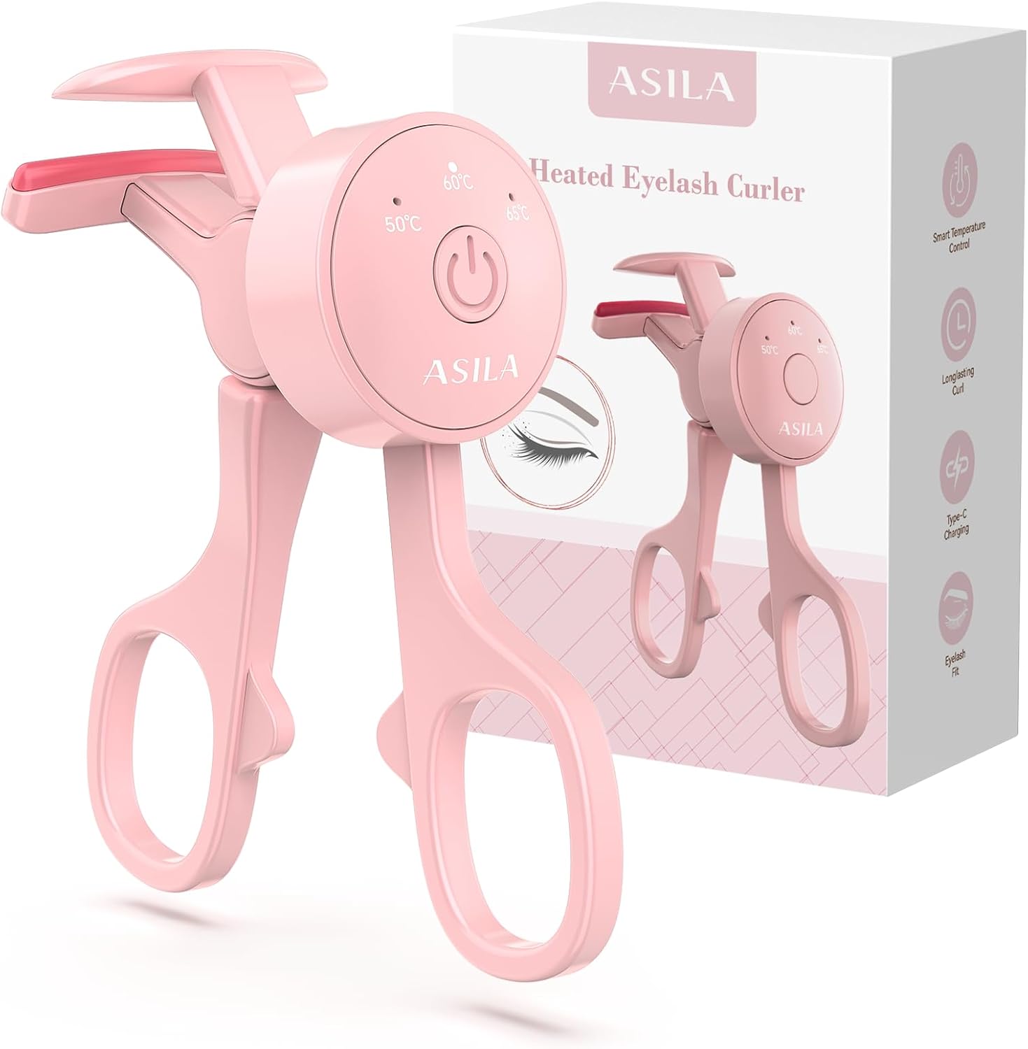ASILA Heated Eyelash Curler with 3 Heating Modes, Rechargeable Electric Lash Curler with Type-C, C-Shaped Natural Curling, Anti-Burn Mini Heat Design, 24 Hours Long Lasting, Gift for Women Girls, Pink