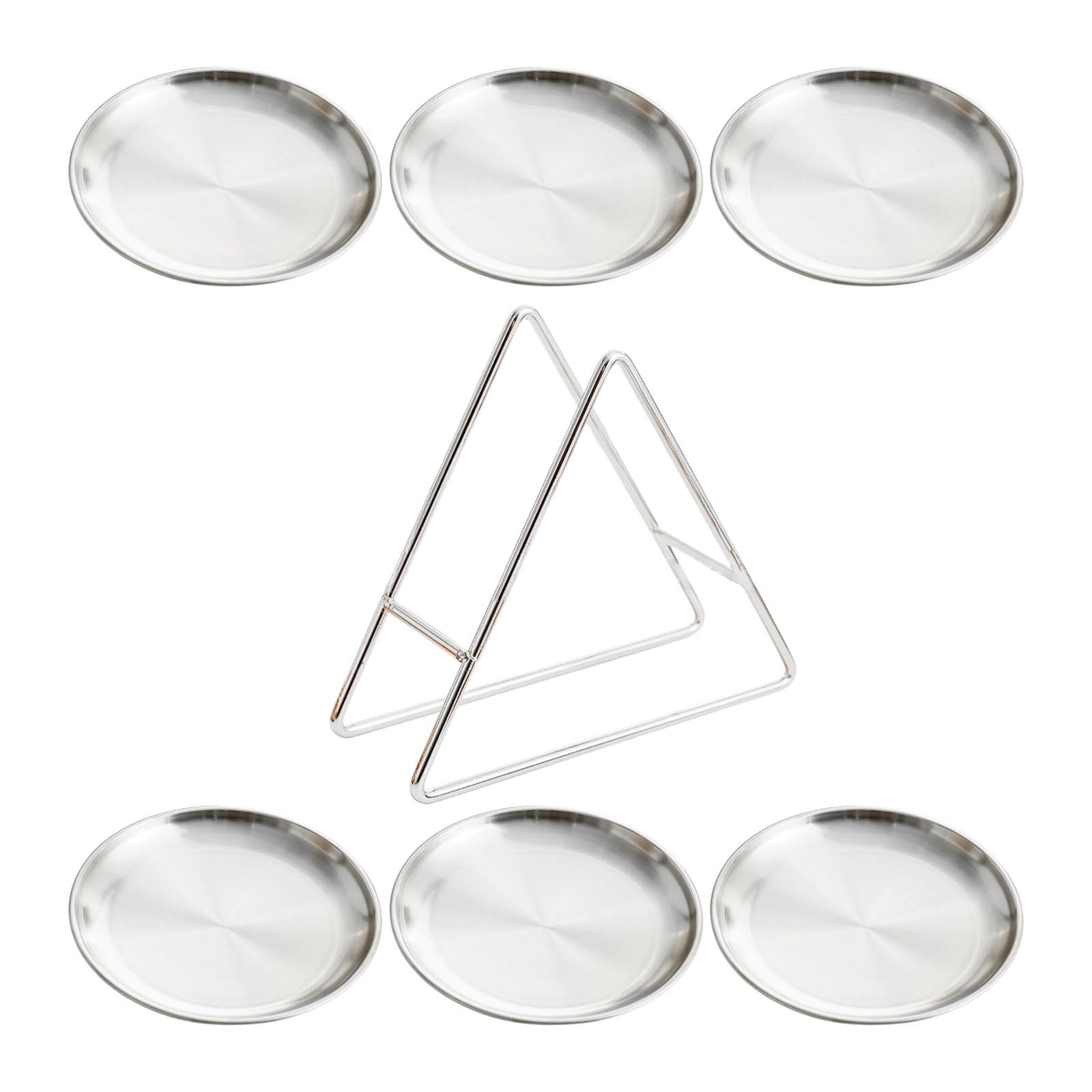 TFAOYS 6 Piece Stainless Steel Dessert Plates Set with Triangle Rack, Multipurpose for Snacks and Appetizers, Modern Design for Kitchen Organization Stainless Steel Treat Plates Set