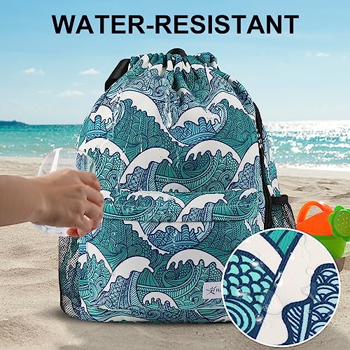 Risefit Drawstring Backpack With Mesh Pockets String Gym Bag Sackpack Sandproof Water Resistant Beach Backpack For Men Women (Blue Waves) #TOP2