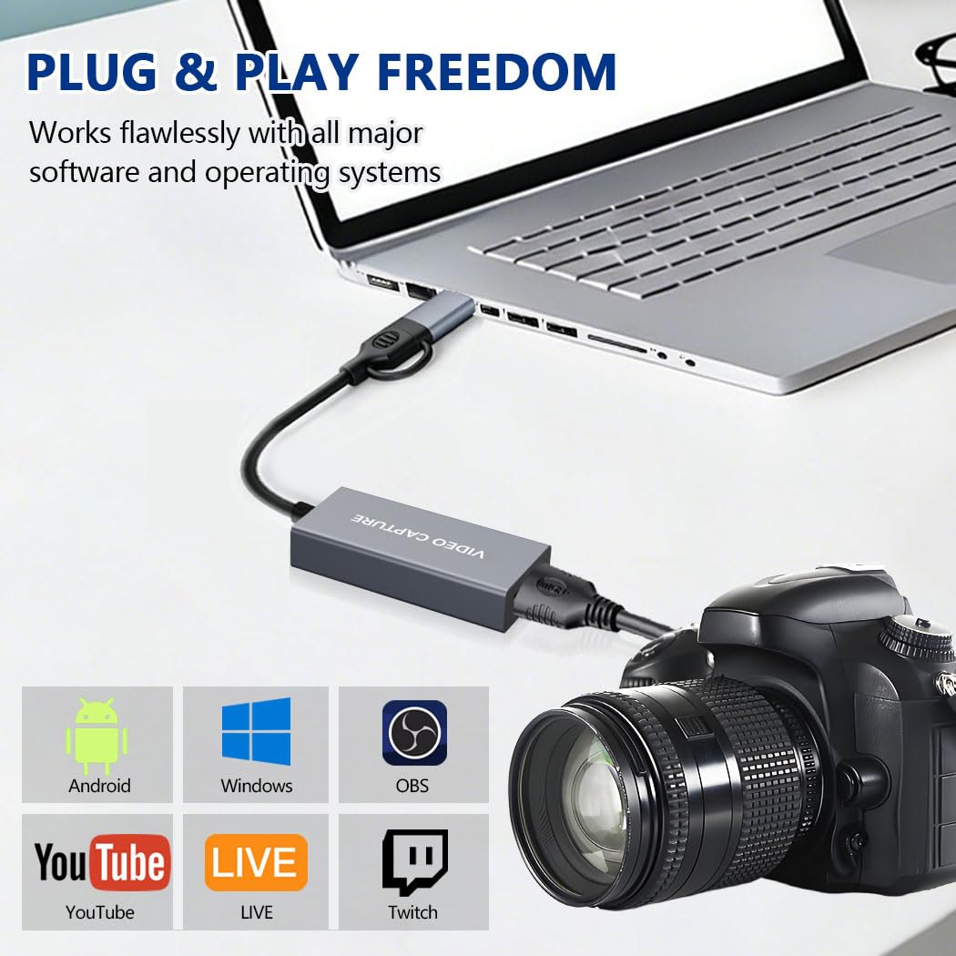 Carte de capture vidéo HDMI 4K 1080p60, USB 3.0 et Type-C, capture de jeu plug-and-play pour PS5/Xbox/Switch/Quest 3, iPad Pro/Mac/Windows/OBS, passe zéro décalage, étui de poche en aluminium