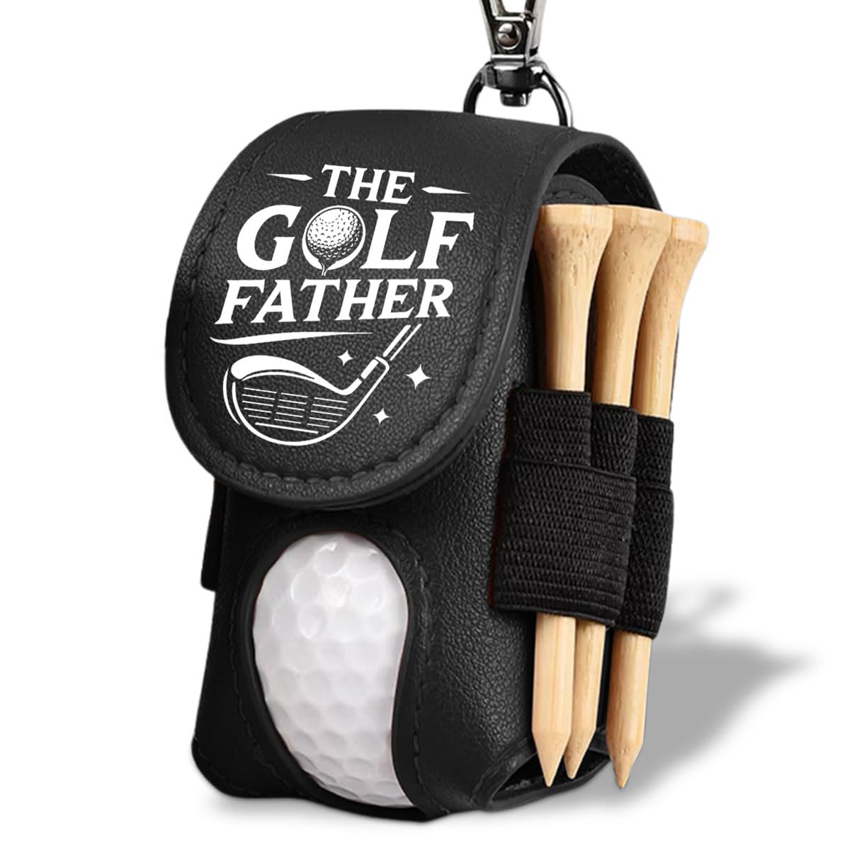 Wrappiness The Golf Father Black Golf Ball Bag - Golfer Accessories for Men Premium Leather Ball Pouch with Clip - Custom Golf Tee Pouch Unique Dad Gift for Fathers Day, Birthday, Christmas