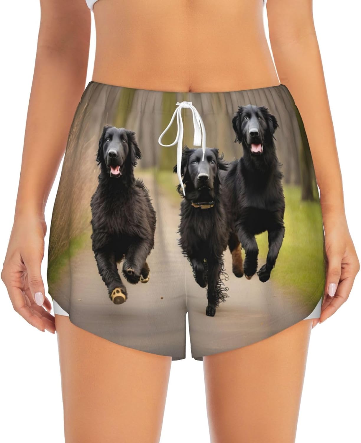 Trotting Flat Coated Retrievers Paw Print Women'S High Waisted Athletic Workout Shorts Dual-Layered Gym Shorts Casual Comfy Sport Shorts White