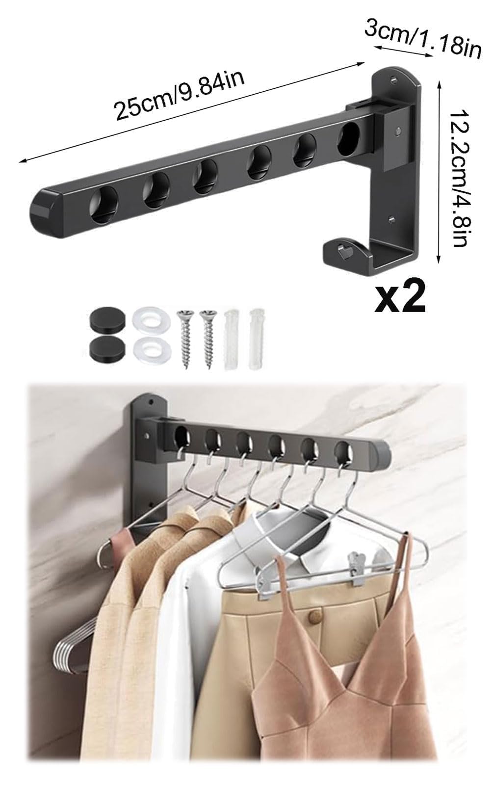 SHENGYIG Inklapbare kledinghaak, 6 gaten, wandkledingstang, zwart, modern en eenvoudig, 180 graden draaibaar, kledingrek, geschikt voor balkons, badkamers, bijkeuken, slaapkamer