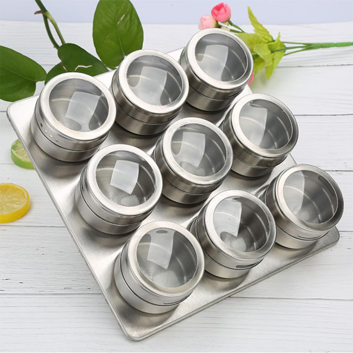 PRETYZOOM Tarros para Especias y Base Magnética para Almacenar Condimentos Set de 9 de Acero Inoxidable con Ventana Visible en Cocina o Barbacoa