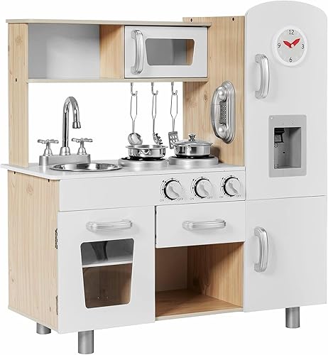 FUTADA - Juego de cocina para niños, cocina de madera con teléfono, estufa, nevera, microondas, estufa, fregadero, dispensador de agua con sonido