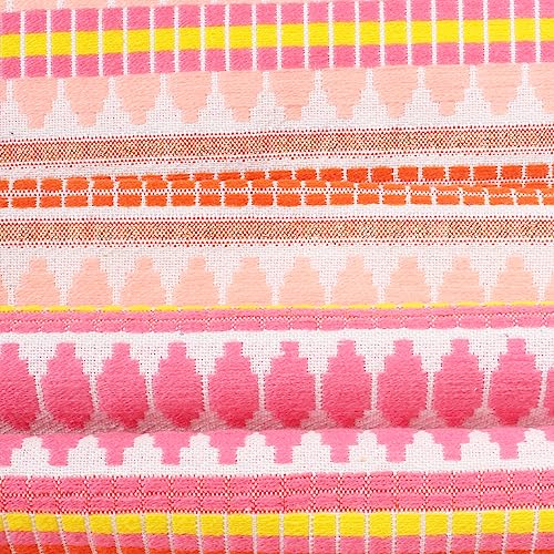 Image of STITCHNEST Woven Table Runner 13x60 Inches | Coral & Pink Geometric Design | Tassel Finish | Modern Dining Table Decor