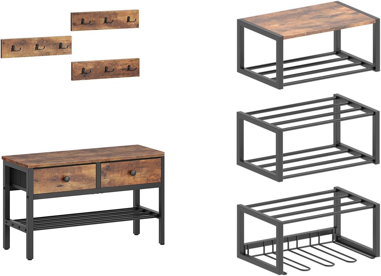 Coat Rack Shoe Bench Set, 4-in-1 Hall Tree with Drawers, 6-Tier Wall Mounted Shoe Rack, 3 Pack Hanging Shoe Organizer for Closet, MT05BR-SS01BR