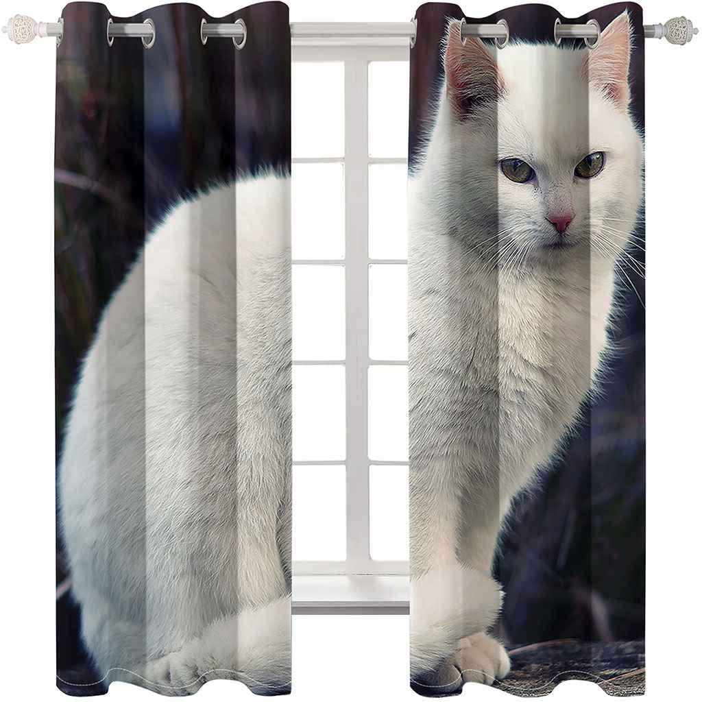 Modernas Cortinas Dormitorio Juvenil Impresión 3D Gato Blanco Animales 300x280cm Ojales Cortinas Opacas 2 Piezas para Dormitorio Habitación De Los Niños Cortina Decoración del Salón