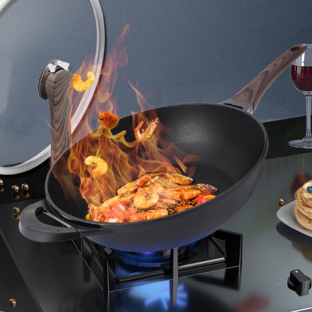 Woks und Pfannen Antihaftbeschichtete Wok-Pfannen, 12,6 Zoll flache Bratpfanne mit Granitbeschichtung, schnell aufheizende, tragbare, mehrlagige Woks mit ergonomischem Griff und,One Color-12.6in