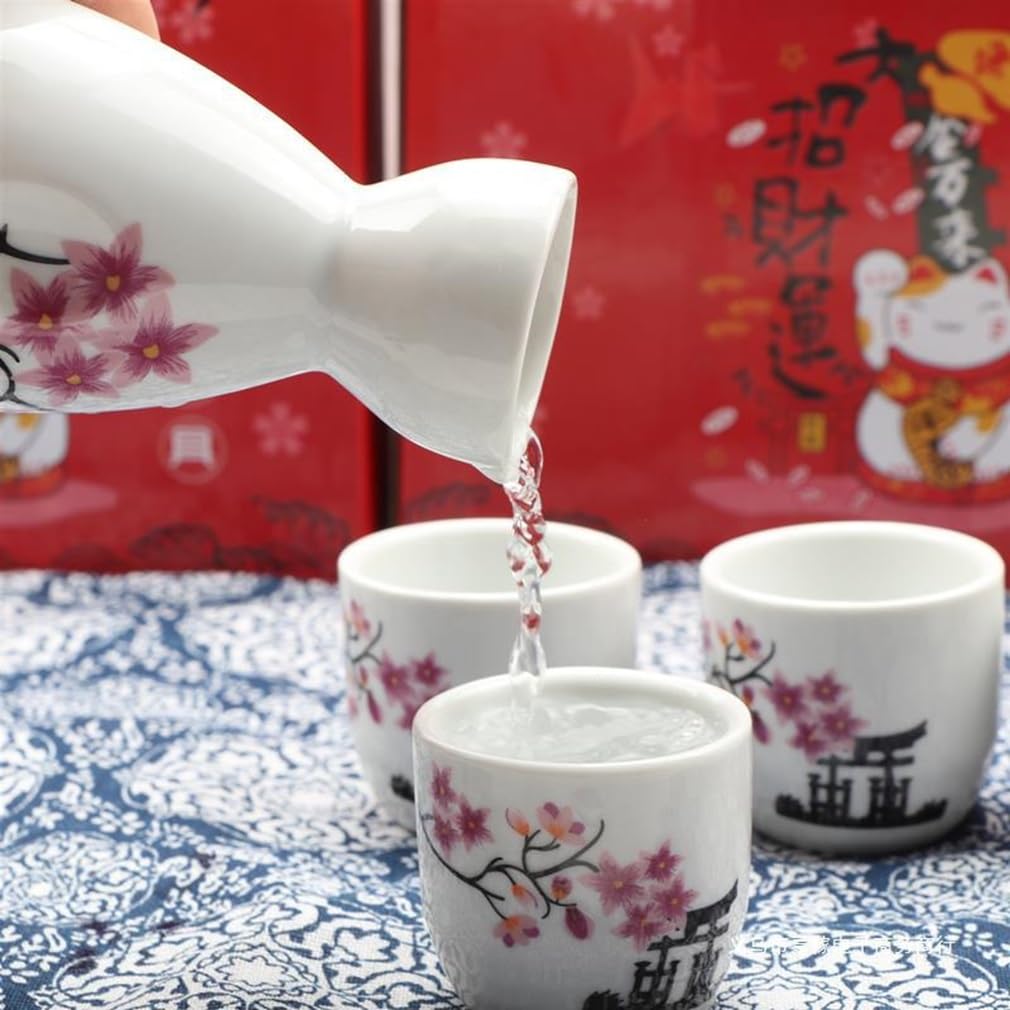 lachineuse - Servizio tradizionale per sake - Pagoda e fiori di ciliegio - con 4 ciotole e caraffa - Regalo per piatti asiatici - Servizio sake tradizionale porcellana Giappone - Idea regalo Asia