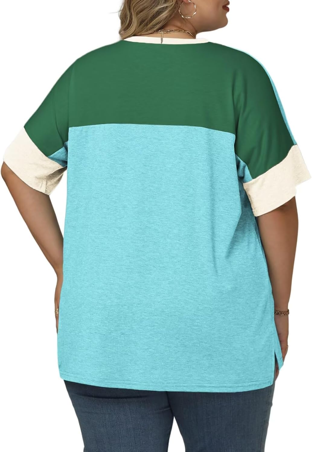 DOLNINE Plus-Size-Tops for Women Summer Color Block Shirts Casual Crewneck Tees Trendy Going Out Side Split Tunics XL-5XL - Image 3