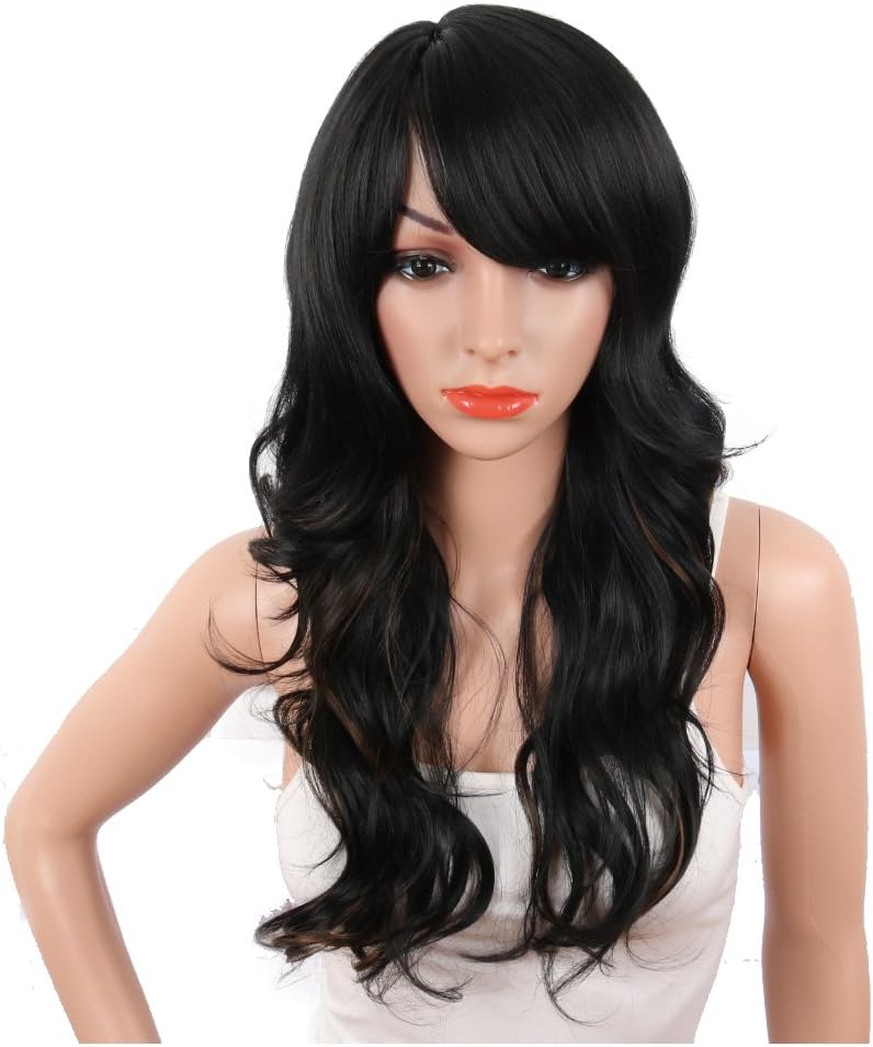 KRSI Natural Black Mixed Brown Synthetic Wigs for Black Women Long Natural Wavy Full Synthetic Hair Wigs For Women Side Parting With Bangs Heat Friendly Replacement Wigs 24 Inches (Ombre 1b/27)