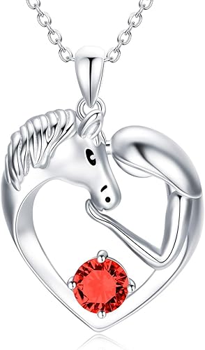 AOBOCO Collar de caballo de plata de ley con corazón de amor con cristales de piedra natal, joyería de caballo regalos para mujeres y ella