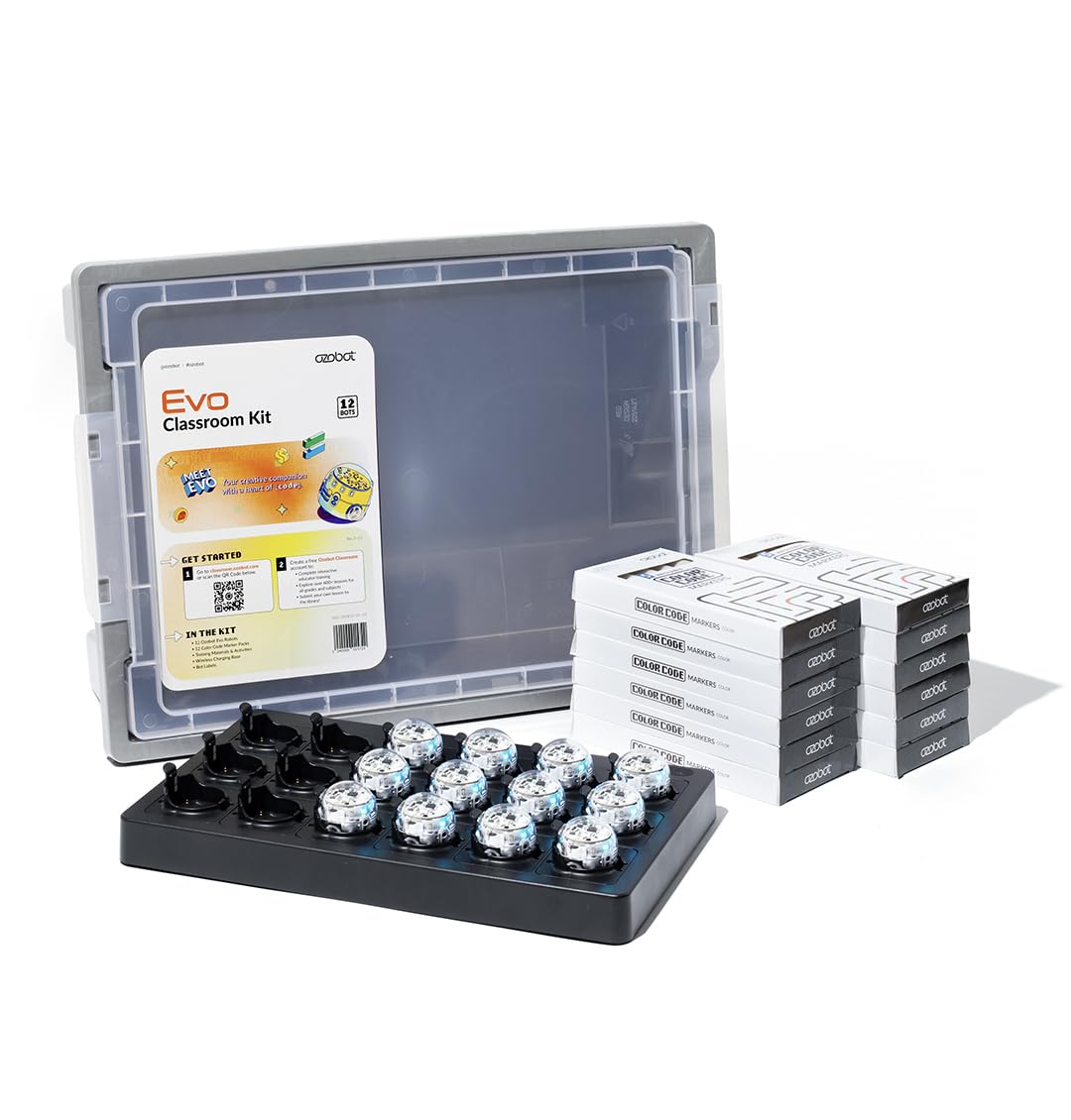 Ozobot Evo Classroom Kit (12 Bots): Interactive Coding Robots for Students, STEAM Learning Tools for Schools, Includes Charging Station, Storage Case,